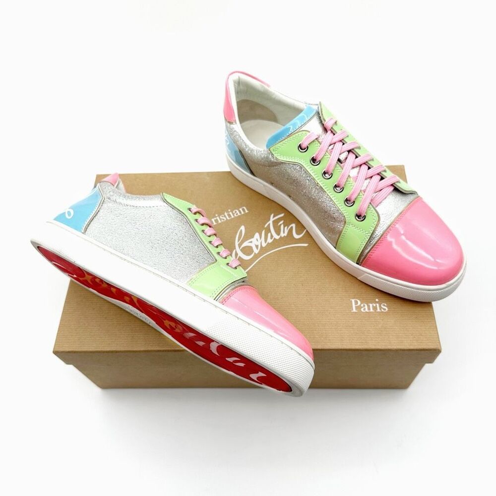 CHRISTIAN LOUBOUTIN Fun Viera Pink Glitter Low Top Sneakers Size 40 Lace Up - Picture 3 of 14
